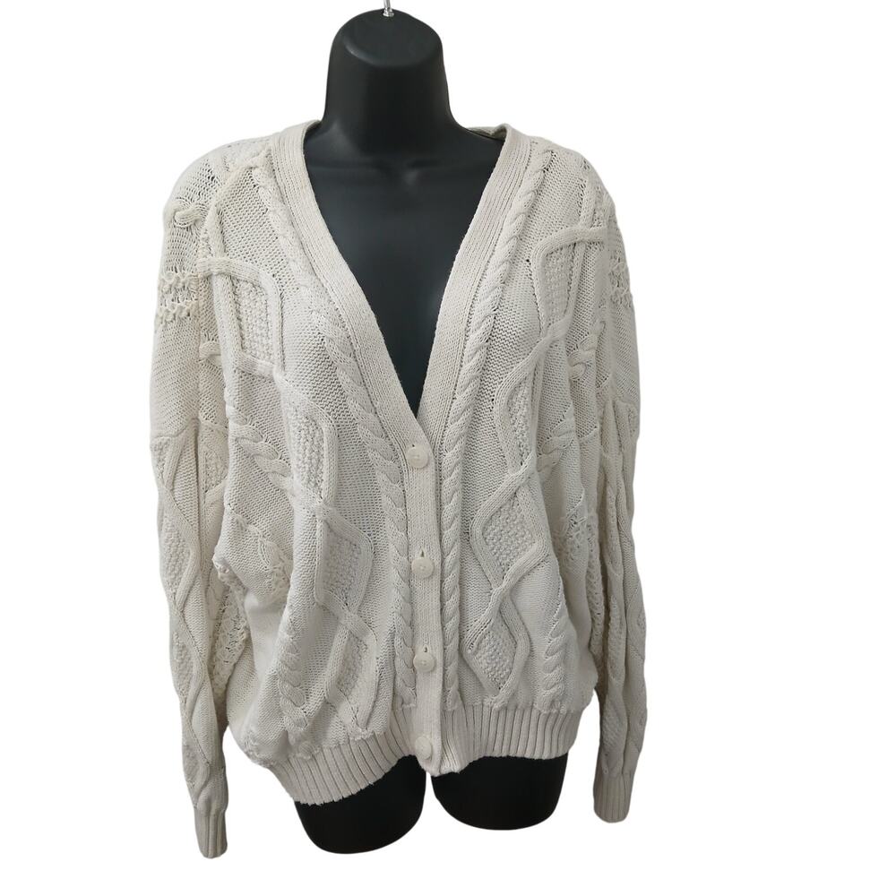Lucky Brand Cozy Off White Cable Knit Cardigan Buttons sz XL